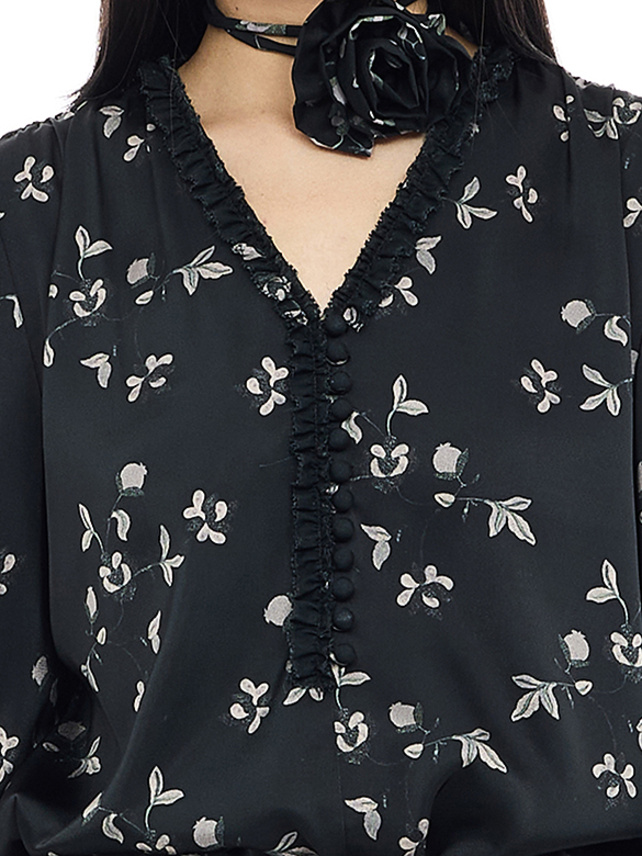 Corsage-tie Flower Printed Frill Blouse