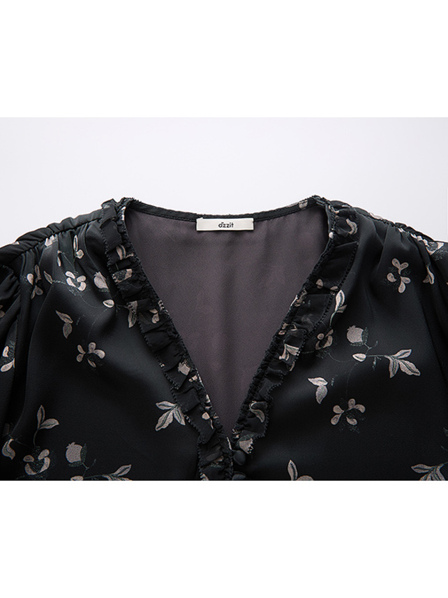 Corsage-tie Flower Printed Frill Blouse