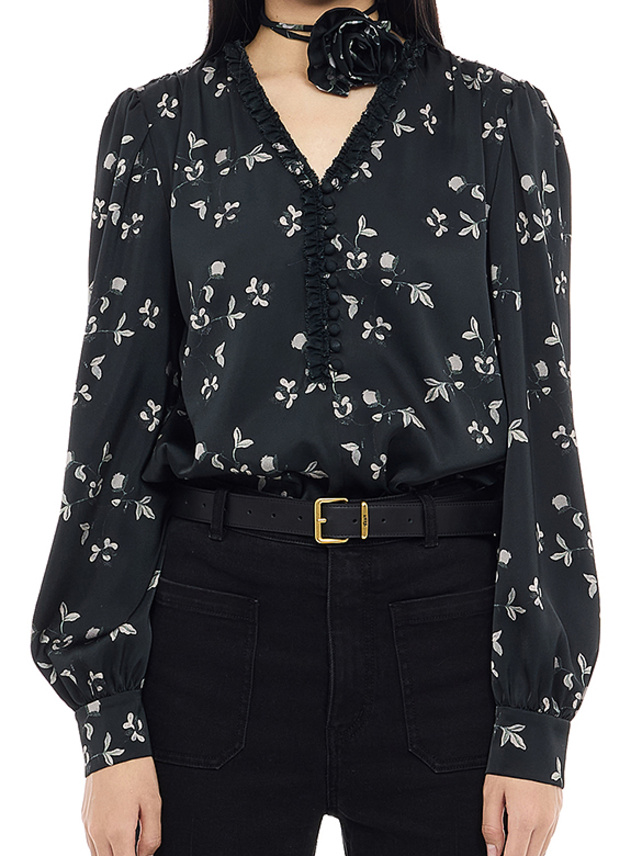 Corsage-tie Flower Printed Frill Blouse