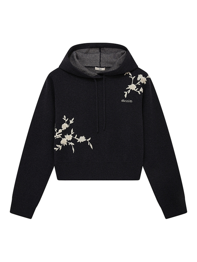 Embroidery Flower Design Knit Short Hoodie