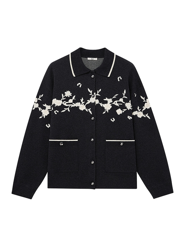 Embroidery Flower Design Polo Knit Cardigan