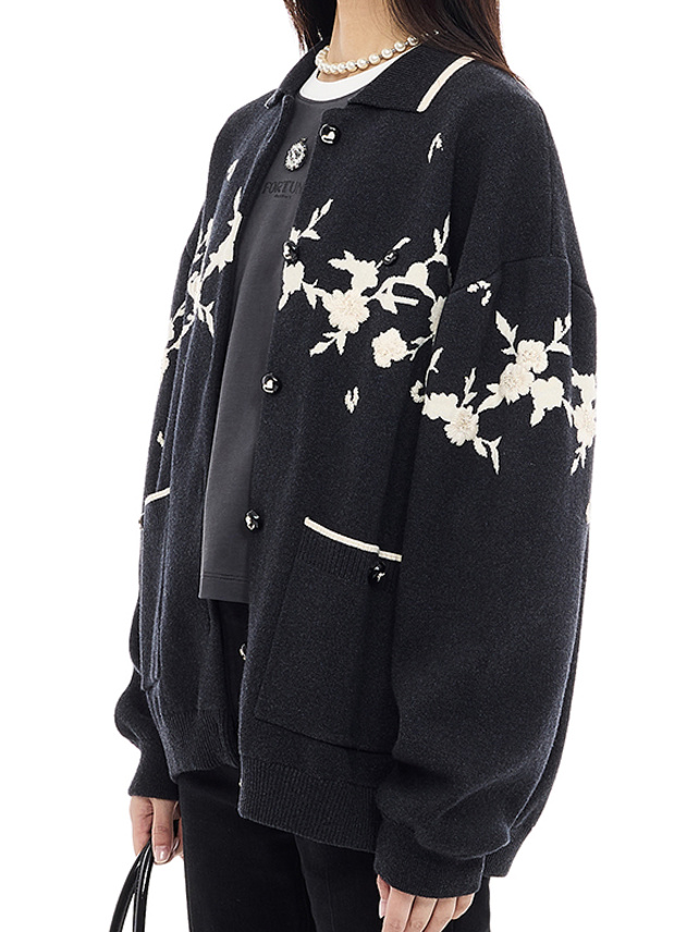 Embroidery Flower Design Polo Knit Cardigan