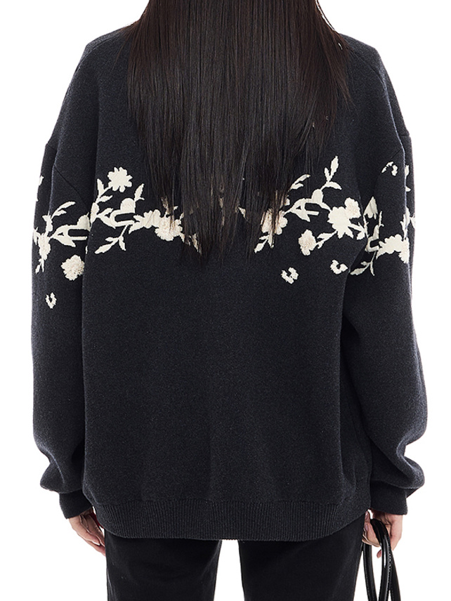 Embroidery Flower Design Polo Knit Cardigan