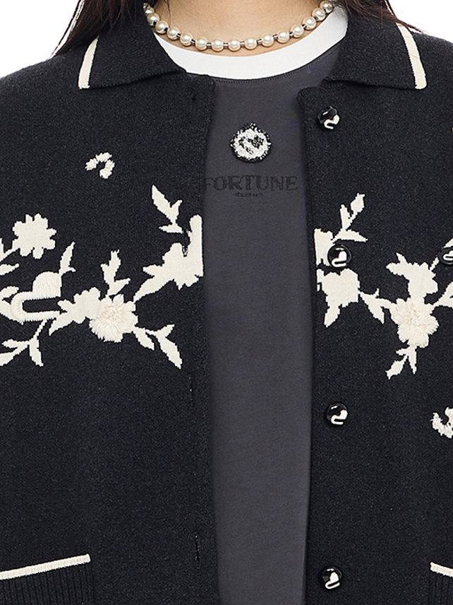 Embroidery Flower Design Polo Knit Cardigan