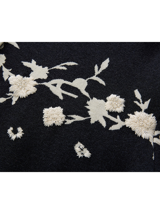 Embroidery Flower Design Polo Knit Cardigan