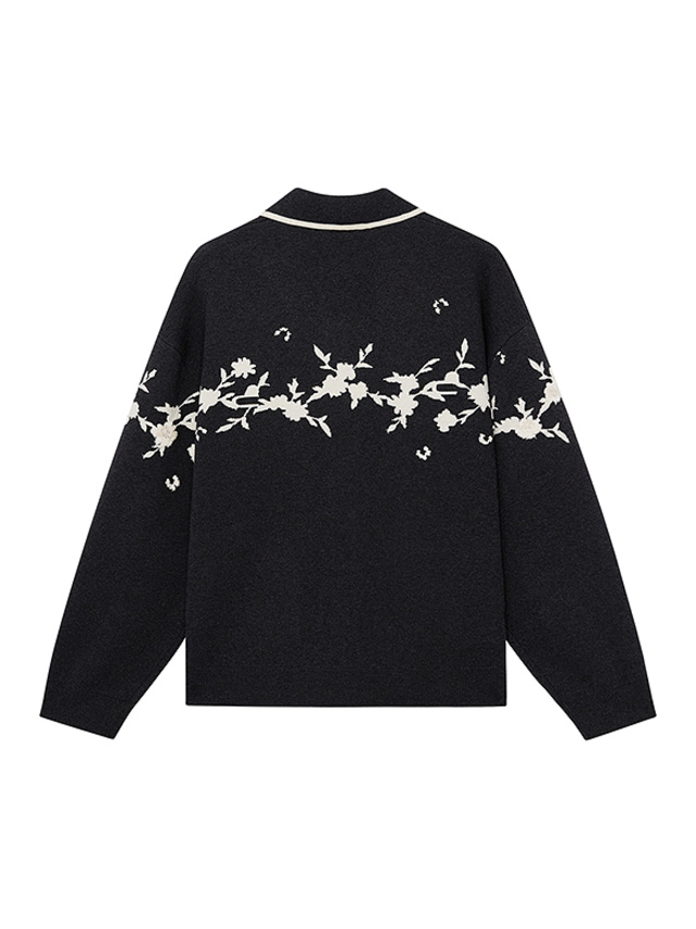 Embroidery Flower Design Polo Knit Cardigan