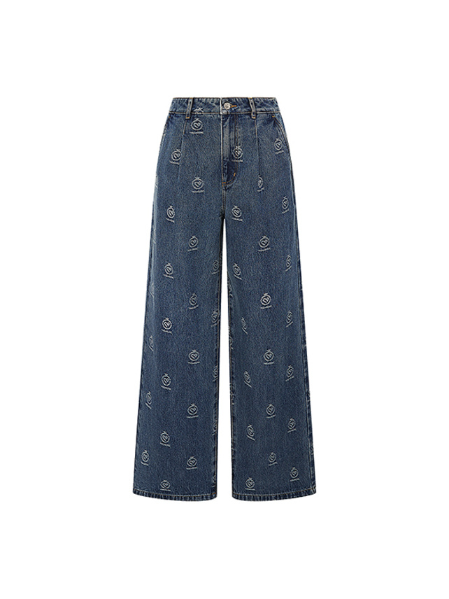 Monogram Design Stitch Pattern Denim Pants