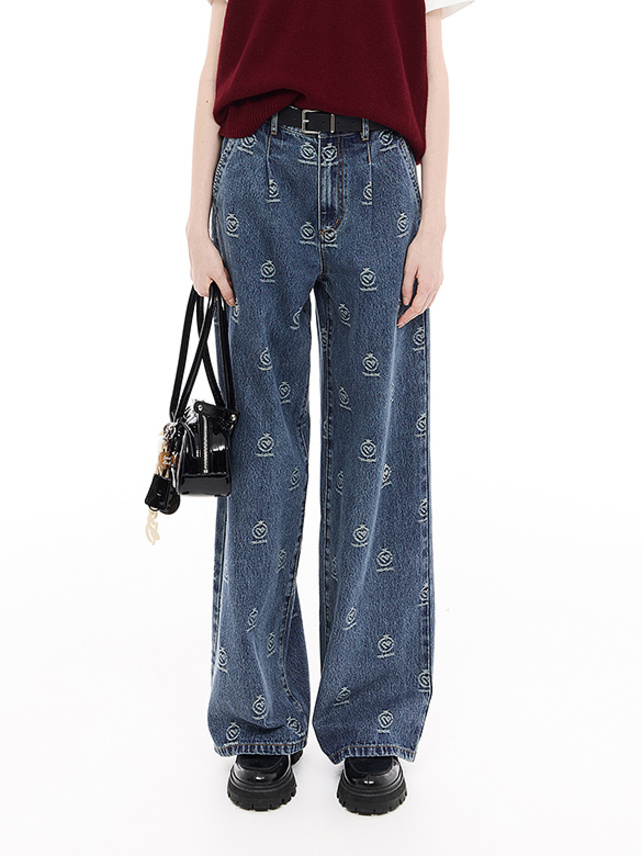 Monogram Design Stitch Pattern Denim Pants