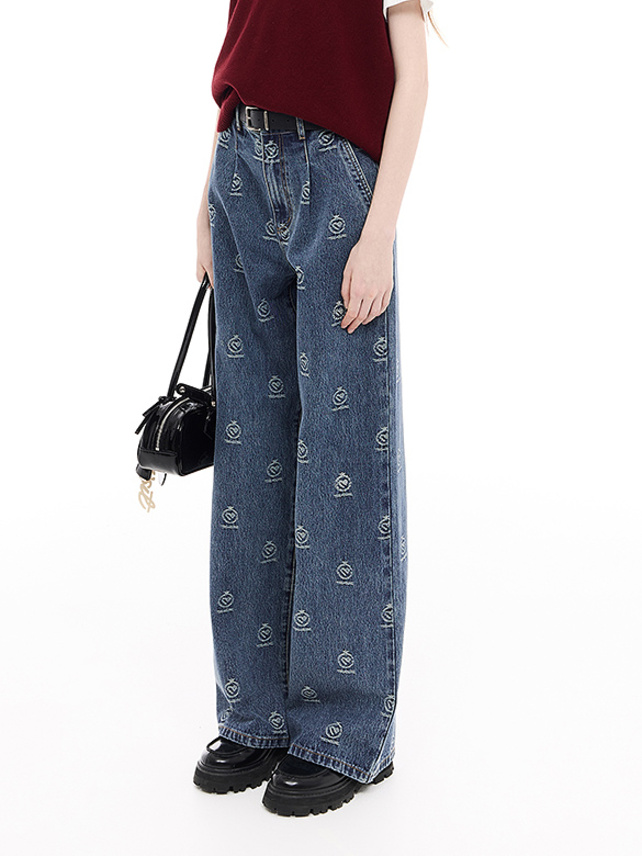 Monogram Design Stitch Pattern Denim Pants