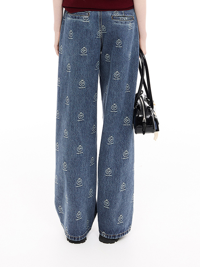 Monogram Design Stitch Pattern Denim Pants