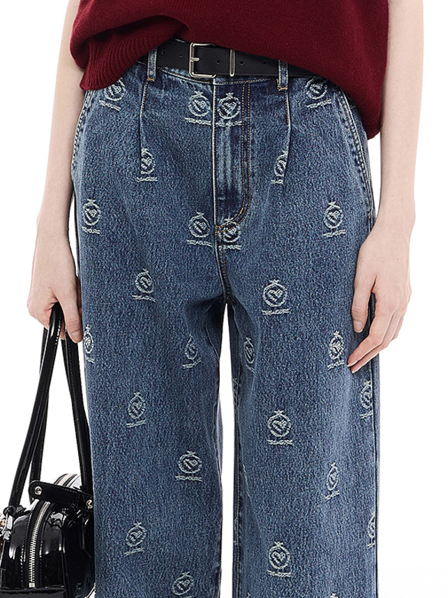 Monogram Design Stitch Pattern Denim Pants