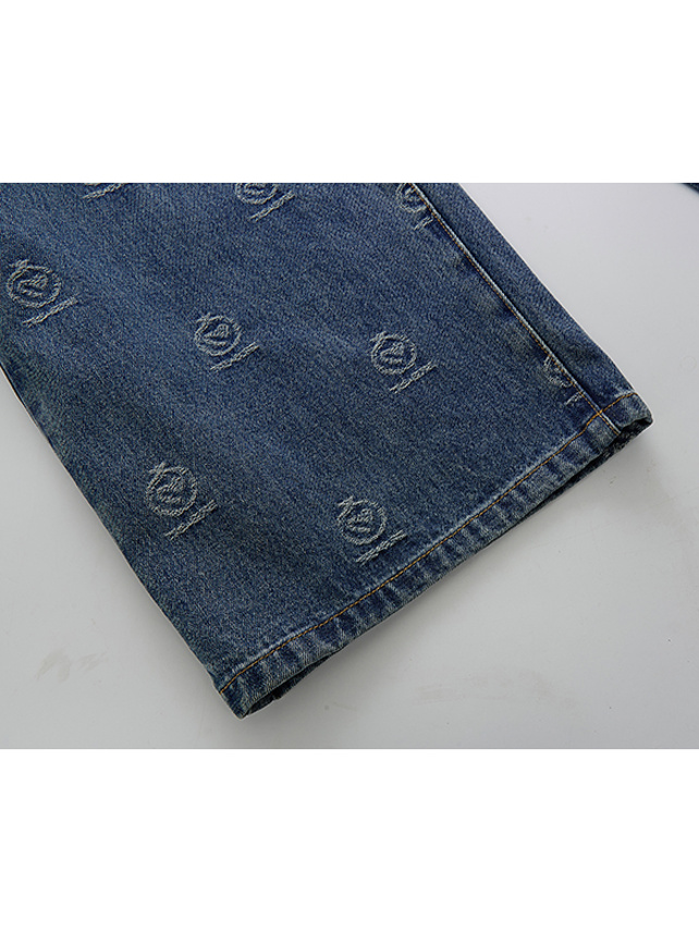 Monogram Design Stitch Pattern Denim Pants