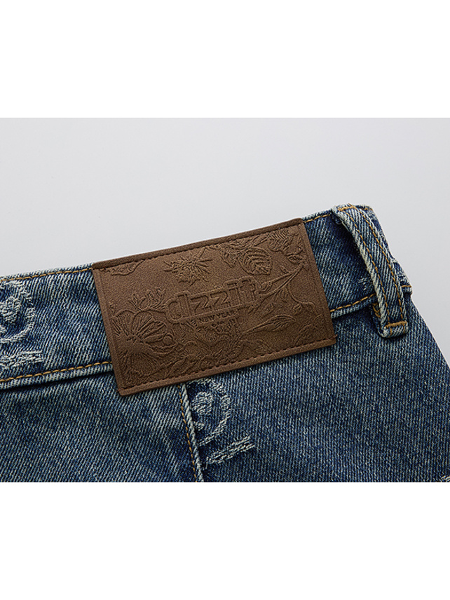 Monogram Design Stitch Pattern Denim Pants