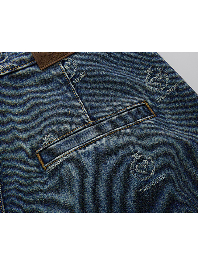 Monogram Design Stitch Pattern Denim Pants