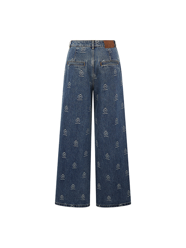 Monogram Design Stitch Pattern Denim Pants