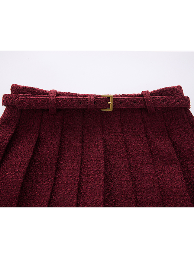 Red Tweed Pleats Skirt